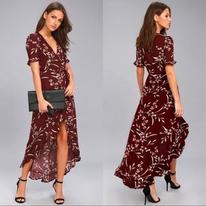 Lulus Burgundy Floral Print Wrap Dress